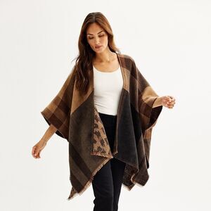 Nine West Reversible Wrap Scarf Plaid Leopard Brown Black Fringe NWT $50 MSRP